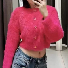 Hnewly  Flower Button Fuzzy Knit Sweater Cardigan Warm Fluffy Button-up Crop Sweater Jacket Knitwear Teen-girl Fall Winter Cute Outfit