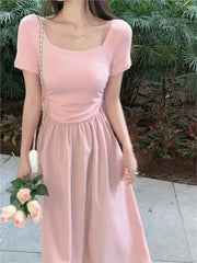 Lunivop  Summer Elegant Cotton Midi Dress Korean Short Sleeve Beach Style Sundress Party Even Office Lady Sexy Corset Dress Women