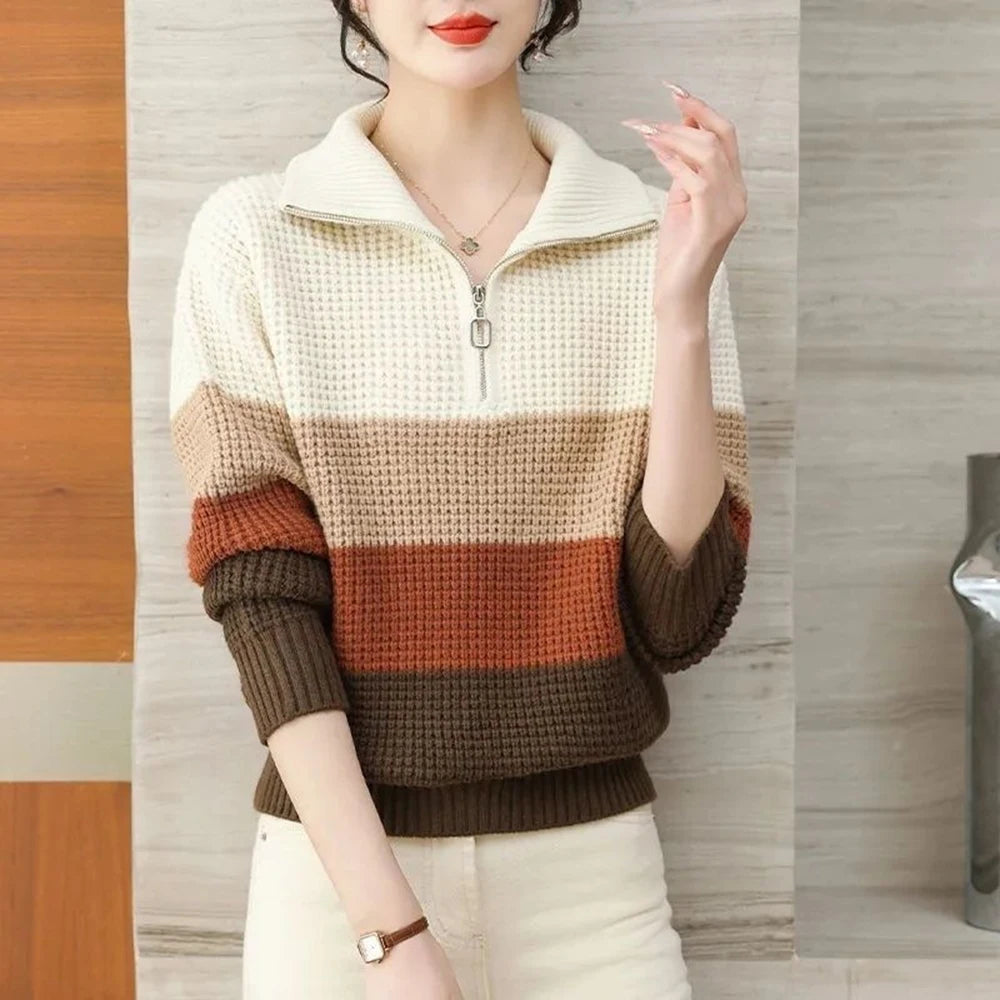 Hnewly  Knitted Stripe Sweater Women's Lapel V-neck Autumn Winter 2025 New Contrast Color Versatile Knitwear Long Sleeve Pullover Tops