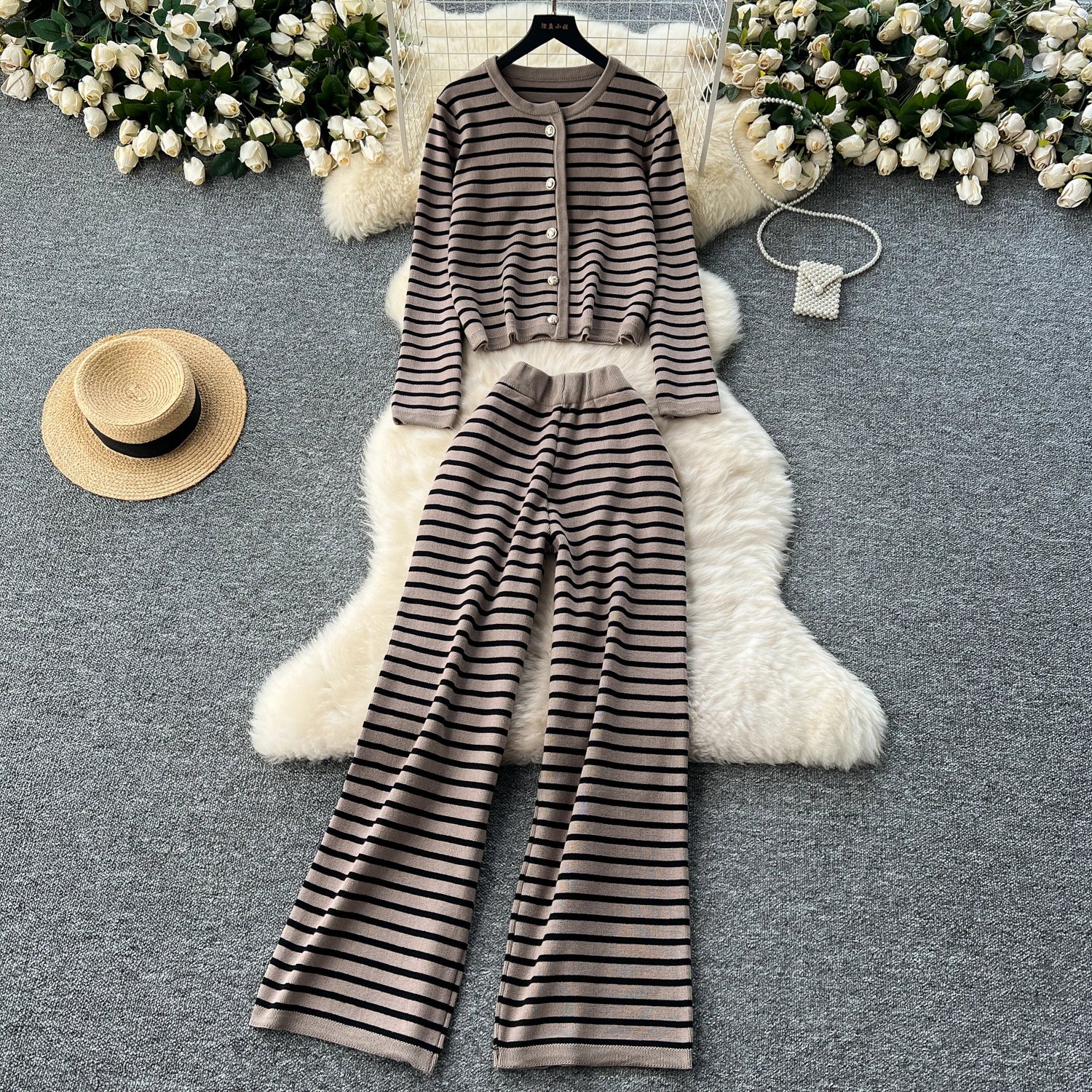 Hnewly  Elegant Knitted Set for Women's High End Versatile Round Neck Striped Knitted Cardigan+High Waist Casual Wide Leg Pants 2PCS