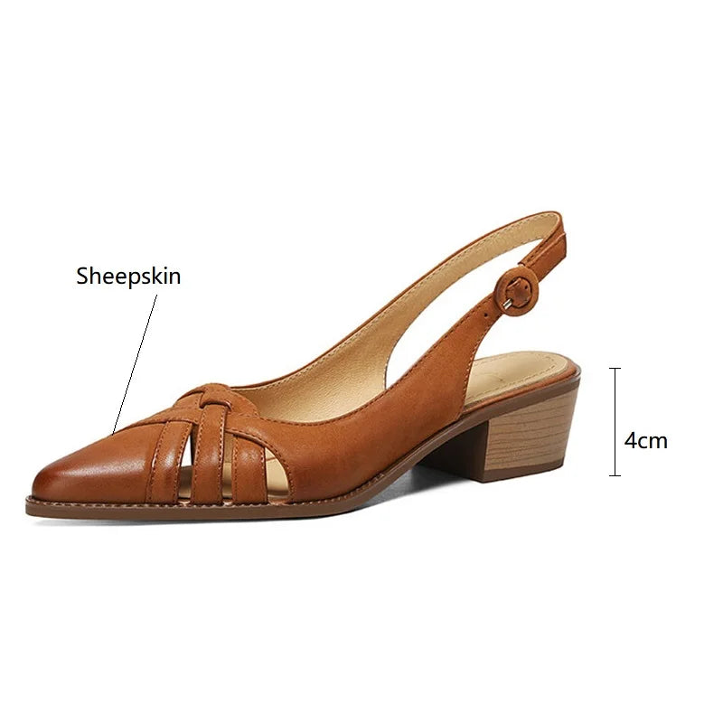 Hnewly Summer Sandals Genuine Leather Sandals Casual French Retro Pointed Toe Hollow Out GLADIATOR Sheepskin Sandals Thick Heel Shoes
