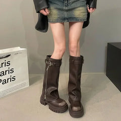 Lunivop  Winter Women Biker Boots Fashion Belt Buckle Ladies Elegant Platform Long Pipe Booties Casual Women's Knee High Booties