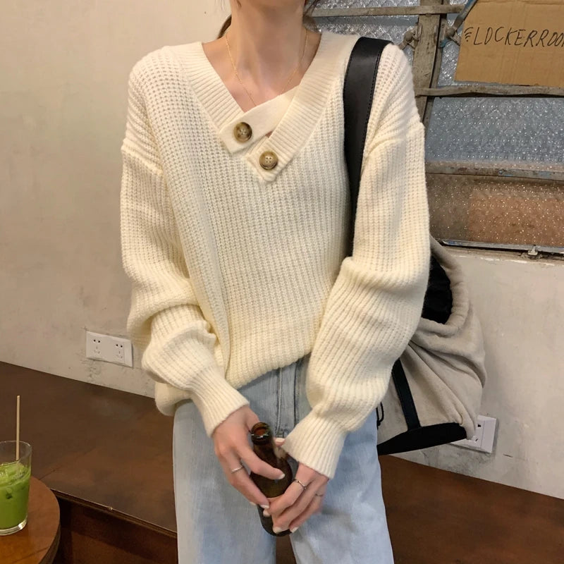 Hnewly  V-neck Knit Pullover Women Slouchy Long Sleeve Drop Shoulder Sweater with Buttoned Strap Cozy Knitwear Autumn Winter Chic Outfit