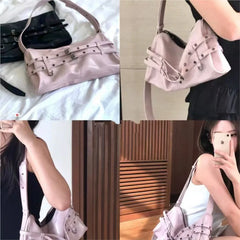Hnewly  Hot Girl Vintage Double Strap Adjustable Shoulder Bag Women Ladies Harajuku Large Tote Purse Motorcycle Handbag Y2K