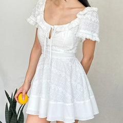 Lunivop  Pretty Girl Holiday Summer Dresses Women O Neck Short Sleeve A-line Mini Hollow Out Embroidery White  Dress Backless Robe