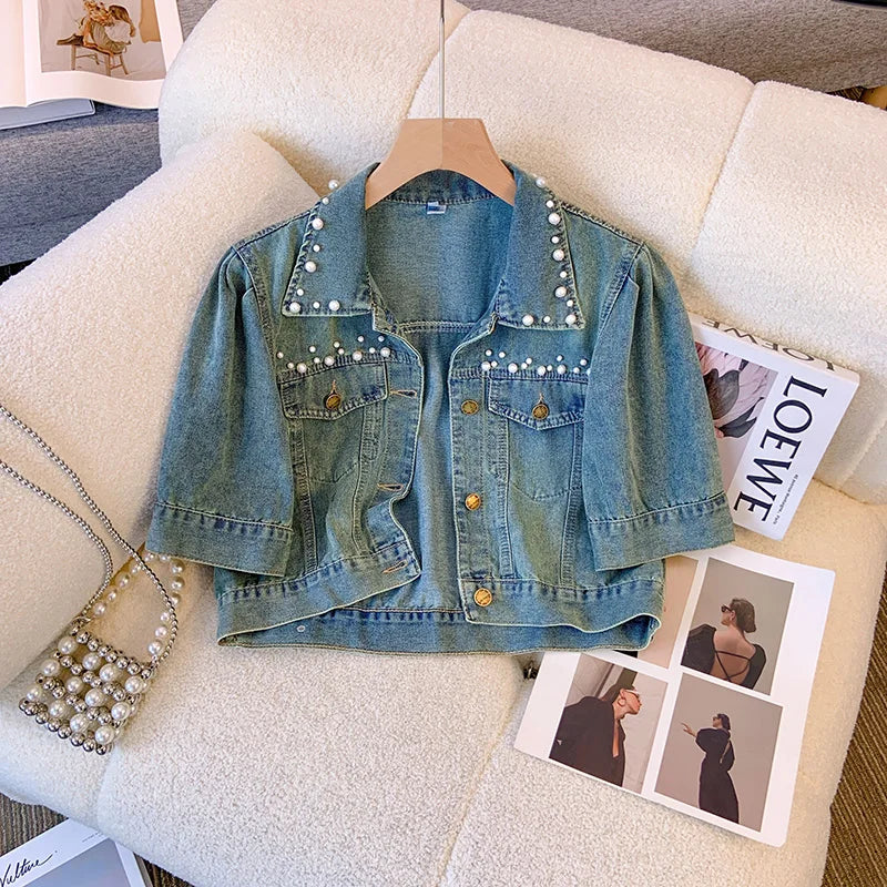 Hnewly  Sweet Nail Bead Short Sleeved Denim Jacket Women Summer Thin Style 2025 New Casual Single Breasted Shirt  Turndown Collar Top