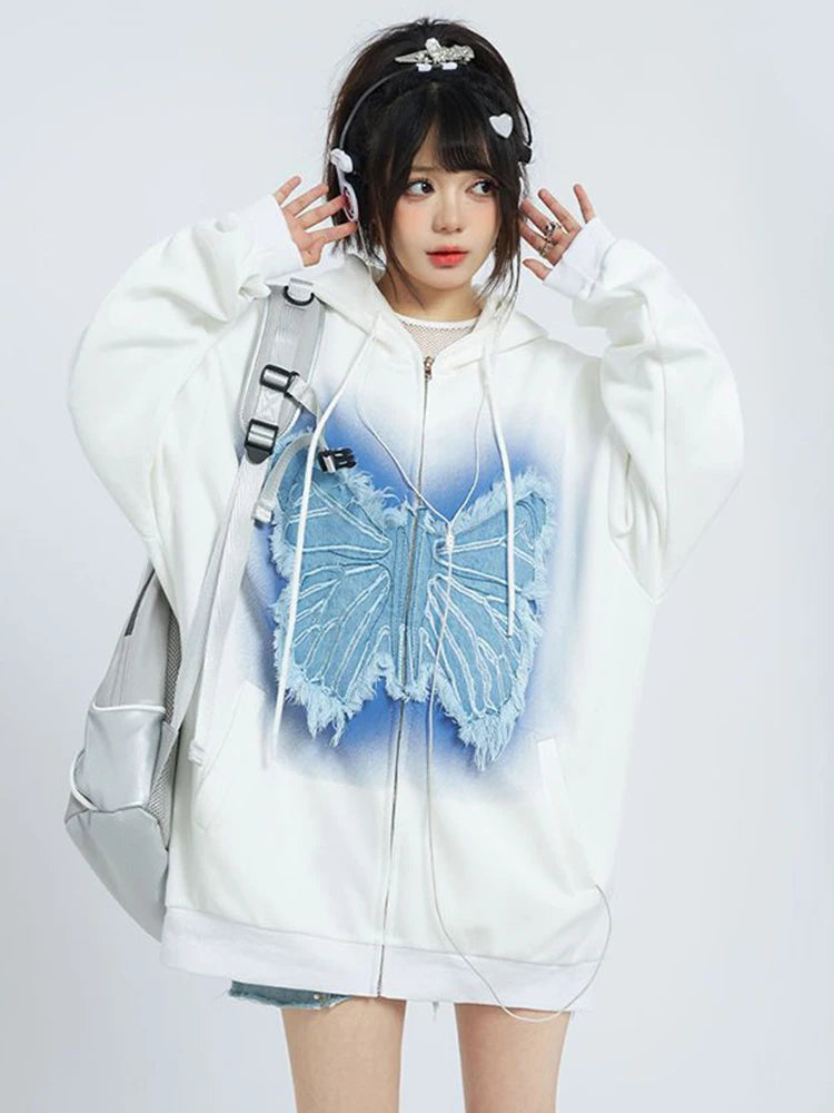 Hnewly Vintage Women Y2K Hoodies Bufferfly Loose Long Sleeve Streetwear Sweatshirts Harajuku Casual Fall Lady Retro American Tops