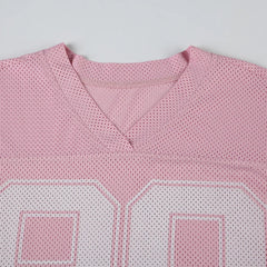 Hnewly Pink Digital Print T Shirt Streetwear y2k Loose Short Sleeve V-neck T-shirts Women Chic Hollow Out Holes Tees Casual Chic