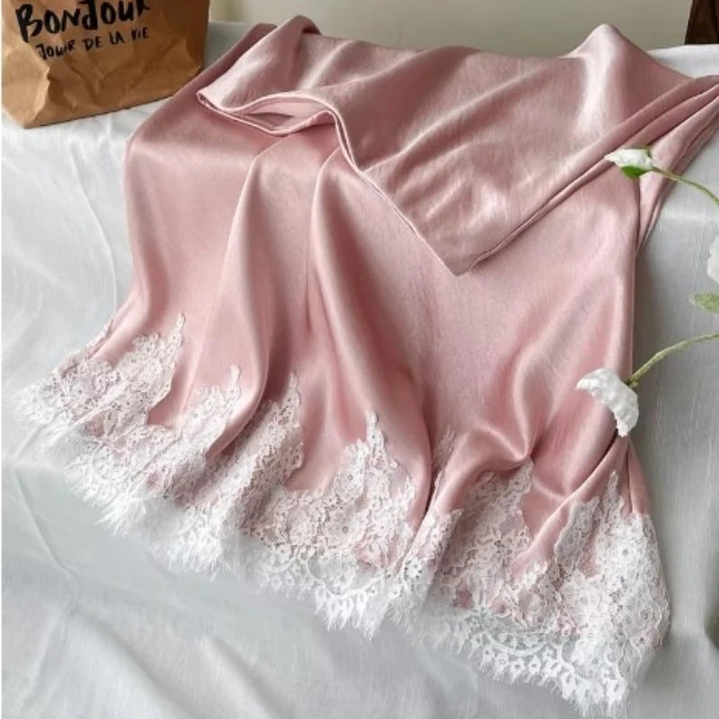 Hnewly  Elegant Satin Skirt Women French Style Lace Patchwork Long Skirts Fairycore Fashion Slim Up A-line Skirts Aesthetics