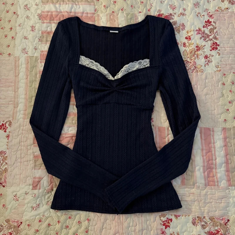 Hnewly  Cottage Grunge Lace Trim T-shirt 90s Aesthetic Vintage Long Sleeve Pullovers Women Autumn Square Collar Slim Fit Tees Shirt