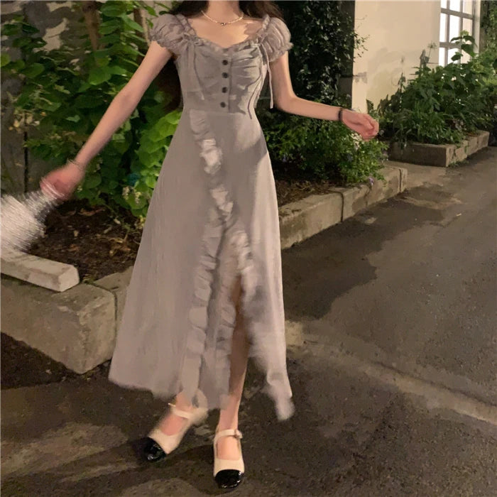 Hnewly Dress Women Sweet Streetwear Buttons Ruffles Irregular Pure Square Collar Tender Temper Fashion Autumn Ulzzang Literary Unique