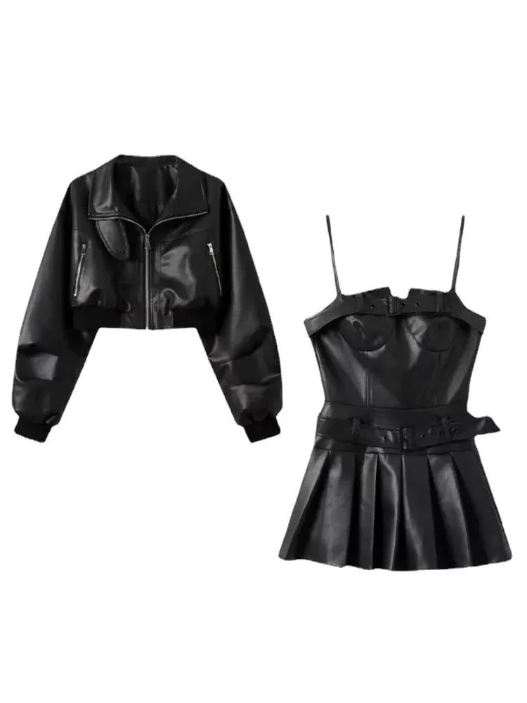 Hnewly Y2K Black Dress Set Women Casual High Street PU Coat + Elegant Party Y2k Mini Dress Korean Fashion Leather Suit Spring Chic