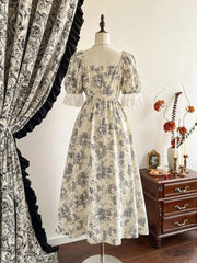 Hnewly  New Plus Size Botanical Print Long Dress Woman Square Neck Lace Short Puff Sleeves Slim Party Dresses French Cute Birthday Dress