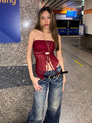 Hnewly  Hollow Wrap Women Tube Tops sexy Lace-Up Wave Edge Splits Backless Hottie Sexy Midnight Beach Vacation Versatile Vest