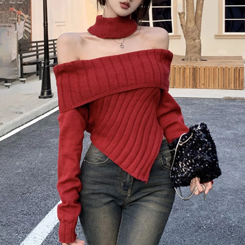Hnewly Sweater y2k Clothes Women Coquette Off Shoulder Long Sleeve Irregular Hem Knitted Halter Tops 2000s Clothing Streetwear