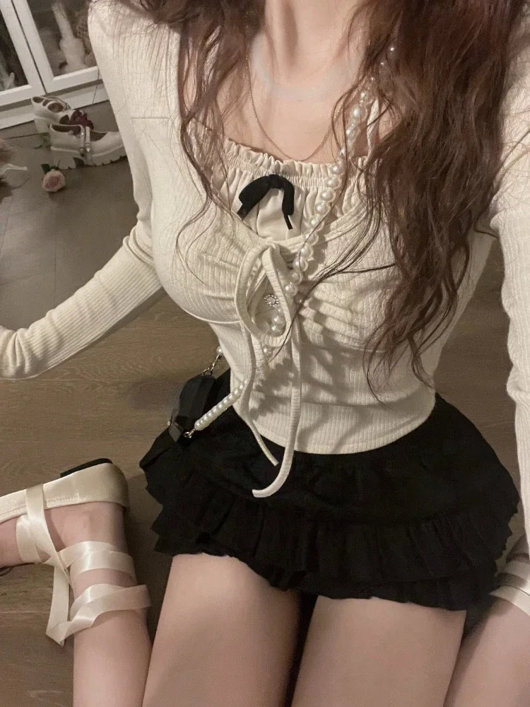 Hnewly new trend inspo Summer Kawaii Sweet Y2k Crop Tops Woman Casual Slim Long Sleeve Blouse Solid Korean Fashion Bodycon Pullover Office Lady