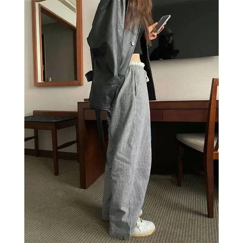 Hnewly Vintage Plaid Women Pants Y2k Oversized High Waist Drawstring Sweatpants Baggy Casual Trousers Korean Fashion Harajuku