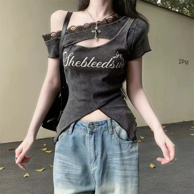 Hnewly Korean Chic Letter Print Women T Shirt Y2K Sexy Hot Girl Hollow Out Slim Crop Tops Summer Lace Patchwork Casual Tees Female