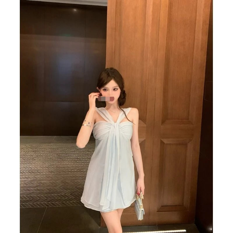 Hnewly  Mini Dresses Women Sleeveless Sexy Halter Backless Summer Fashion Solid Party Dress Sweet Elegant Female Casual