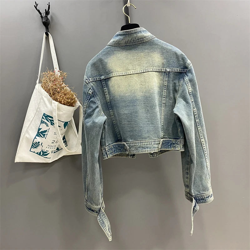 Hnewly  Women Standing Collar Denim Short Jacket Washed  Polished White Retro Motorcycle Outwear Spring Fashion Slim Long Sleeved Top