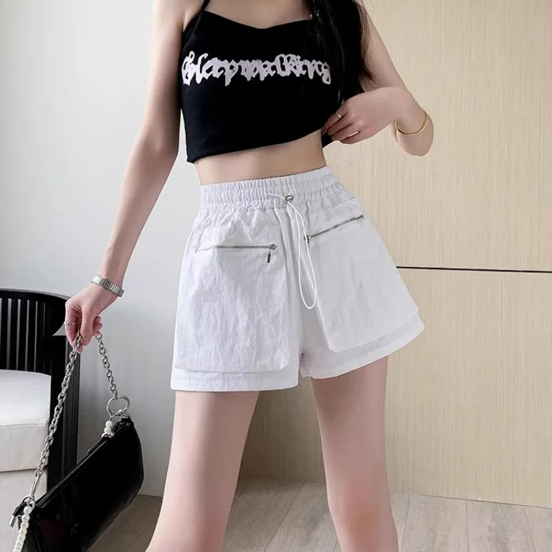 Hnewly  Elastic Waist Casual Wide Women's Cargo Shorts Flowy Trend 2025 Korean Style XL Summer Zippered Pocket Baggy Female Short Pants