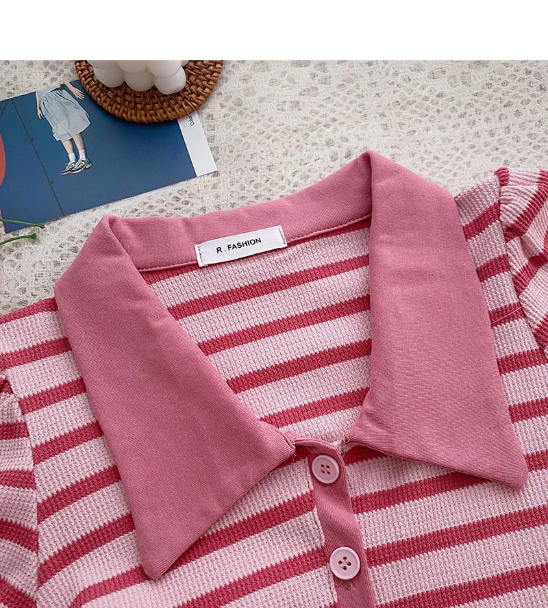 Hnewly Korean Contrast Stripe T-shirt Cardigan 2025 New Summer Women's Commuting Fashion Buttons Lapel Shirt Slim Versatile Top Trend