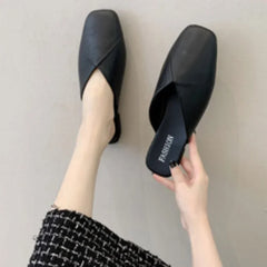 Hnewly Women Mules Summer Elegant Square Closed Toe Flat Slippers Female Shoes Casual Leather Black White Slides Plus Size 35-43