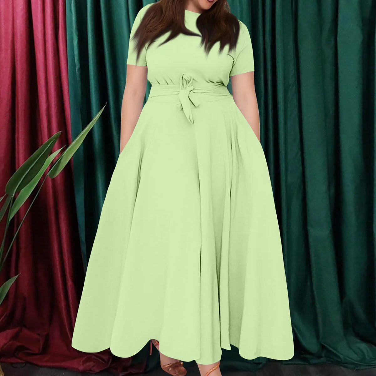 Hnewly  Summer Classic Solid Color Large Size Round Neck Short Sleeve Pocket Straps Swing Dress Fashion High Waist A-line Skirt