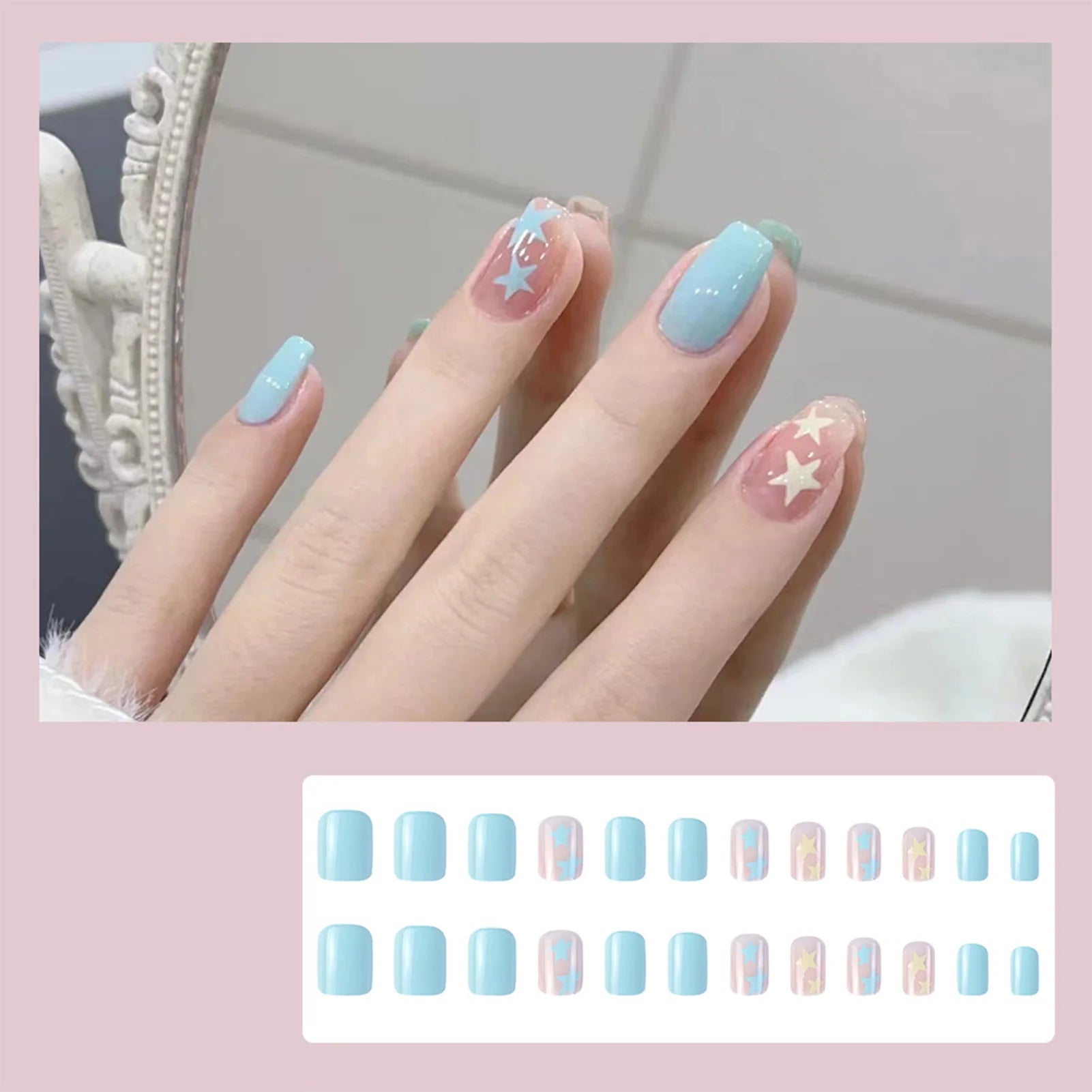 Hnewly 24pcs Gradient False Nails Cute Star Printed Design Fake Nail Short Square Faux Ongles Manicure Nail Stickers Press On Nail Tips
