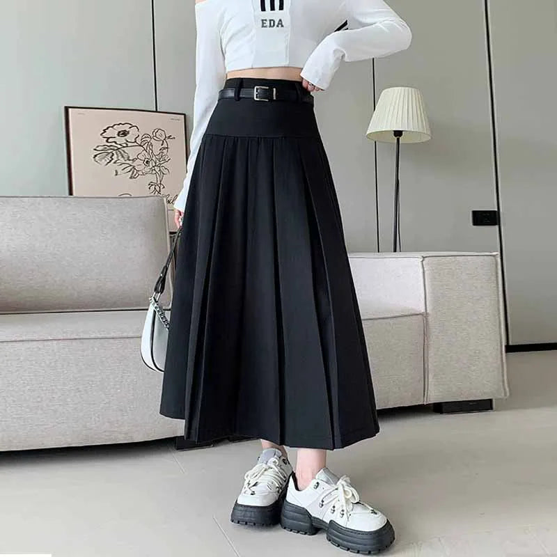 Hnewly  Womens Fashion High-Waisted Pleated Skirts Solid Color Versatile Large Swing Maxi Skirt Preppy Style A-Line Mid-Length Skirts