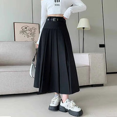 Hnewly  Womens Fashion High-Waisted Pleated Skirts Solid Color Versatile Large Swing Maxi Skirt Preppy Style A-Line Mid-Length Skirts