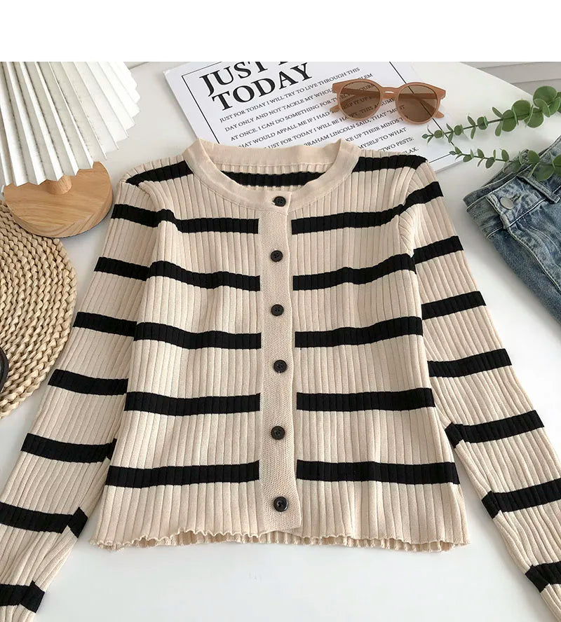 Hnewly  Women's Striped Knitting Cardigan Single Breasted Long Sleeved Sweater+Spaghetti Straps Vest Spring Autumn Korean Top 2pcs