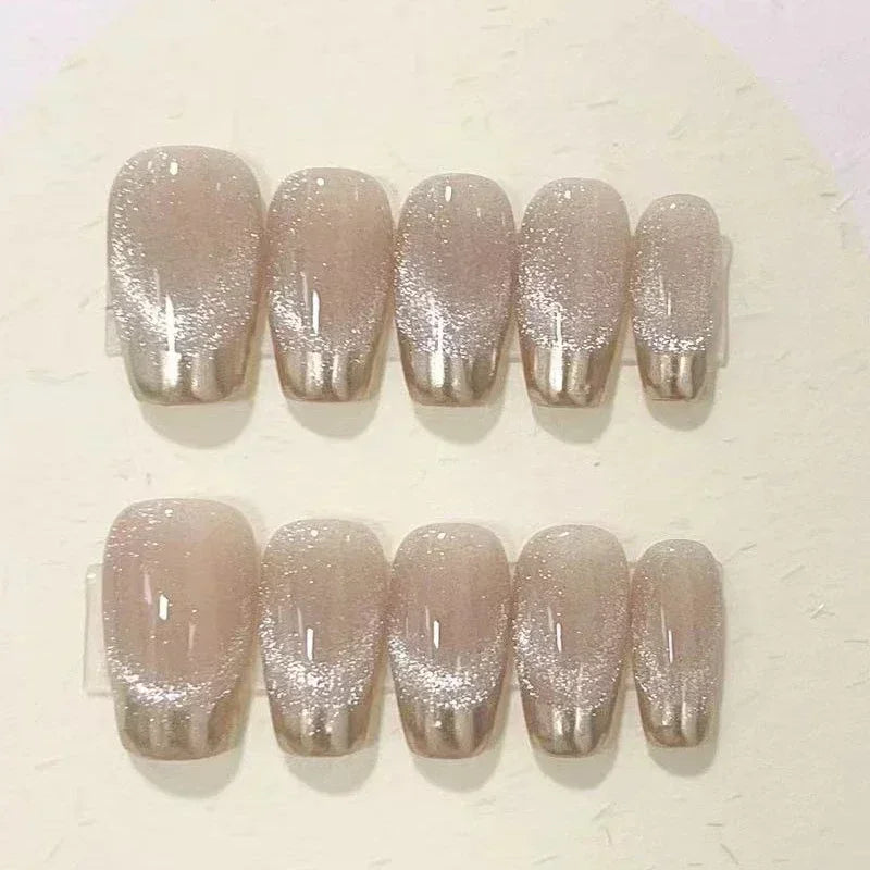 Hnewly 10Pcs Cat Eye Handmade Press On Nails with Gradient Design False Nails Full Cover French Ballerina Wearable Artificial Nail Tips