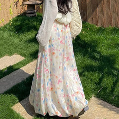 Hnewly  Colorful Printed Flower Bud Long Skirts Women Summer High Waist Embroidery Skirt Woman Pleated A Line Midi Skirts Female