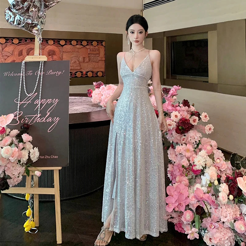 Hnewly Elegant Sequin Backless V-neck Split Dress Women Autumn Sexy Slim Evening Gown A-line Bandage Fashion Birthday Party Luxury Robe