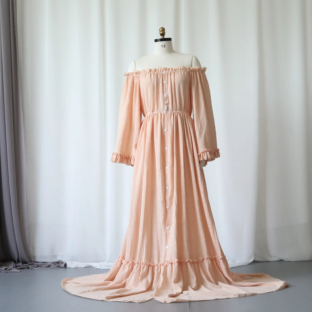 Hnewly  Maternity Dress Photography Off Shoulder Button Down Long Sleeve Pregnancy Gown Elegant Baby Shower Photo Shoot Outfit