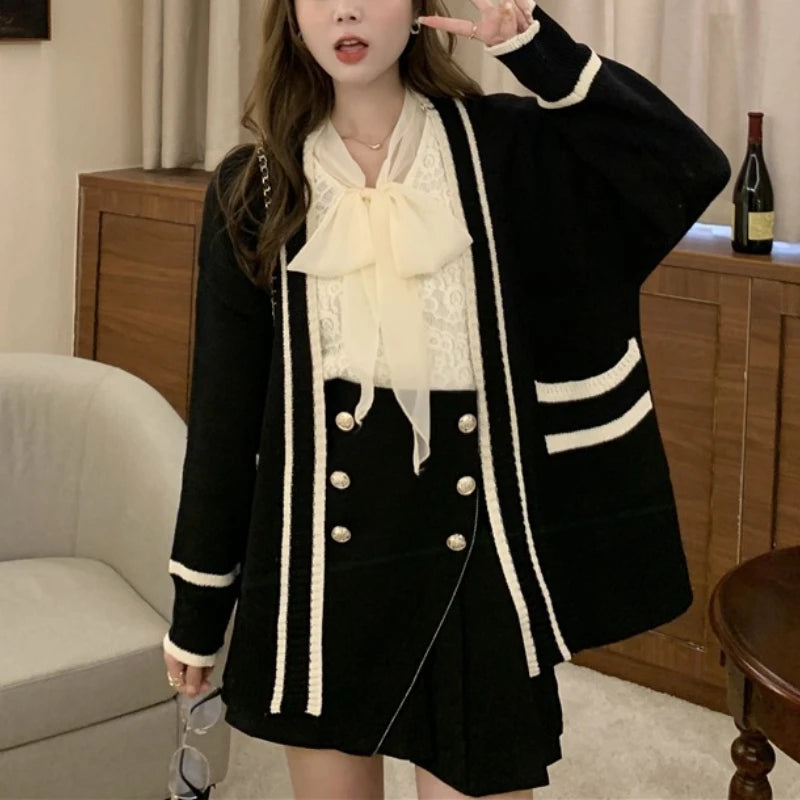 Hnewly  Varsity Cardigan Sweater for Women Open Front Slouchy Knitted Sweater Jacket Cardi Collaege Student Girl Fall Winter Outfit