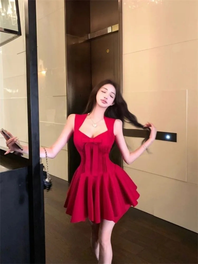Hnewly  Woman Dress Bow V Neck Sleeveless Slim Square Collar Summer Fashion Sexy Elegant Mini Dresses Party Clubwear Backless