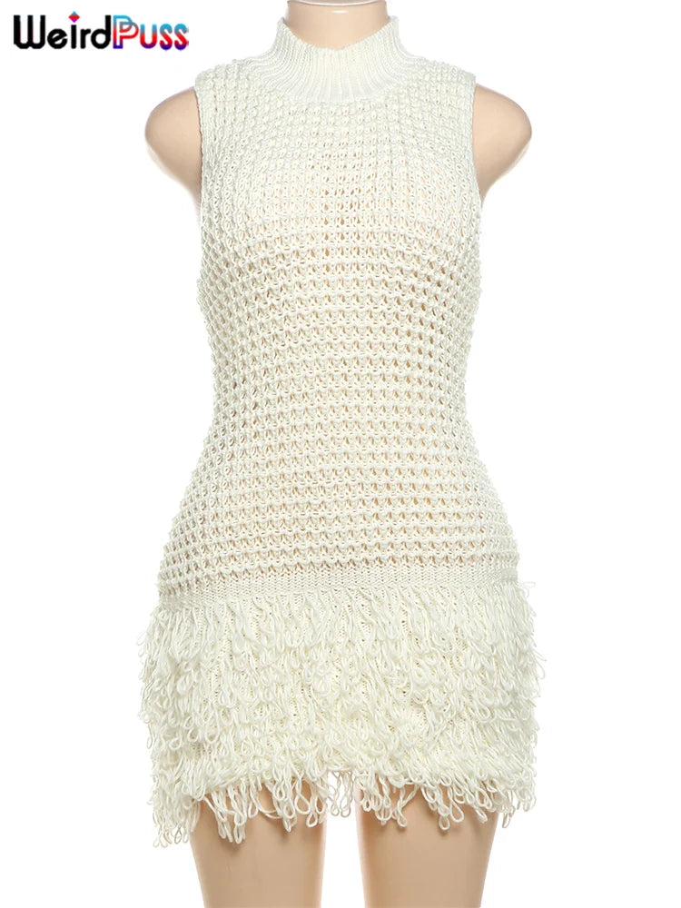 Hnewly Chic Y2K Dress Women Sexy Crochet AutumnTrend Tassel Hem Sleeveless Stretch Fashion Beach Vacation Clubwear Bodycon