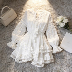 Hnewly  French Holiday Style Sweet Lace Dress Women's Long Sleeve Waist Cinched Slimming Irregular Skirt High Waist V-neck Knitted Fa...