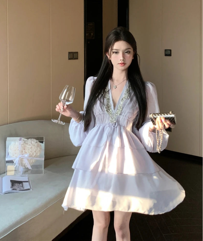 Hnewly Beaded Multi Ruffles Mini Dress Elastic High Waist Puff Lantern Sleeves Chiffon Dresses Celebrity Style Vestidos Women