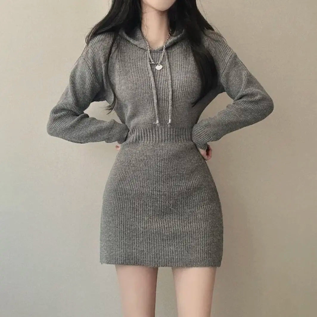 Hnewly Hooded Knitted Dress for Women Sweater Bottoming Short Skirt