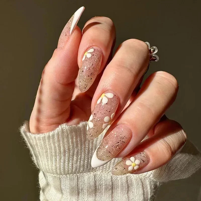 Hnewly 24Pcs French Gold Edge Wearable Almond Press on Fake Nails Simple Pearl Decoration False Nails with Glue Full Over Manicure Tips