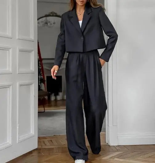 Hnewly  Women's Classic Two - Piece Set: Suit Collar Long Sleeved Casual Blazer and Loose High Waisted Elastic Band Long Pants