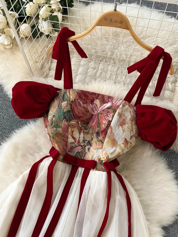 Hnewly France Vintage Bow Mesh Wedding Runway Party Dresses Women Summer Fashion Elegant Strap Graduation Evening Vestidos Ladies Robe