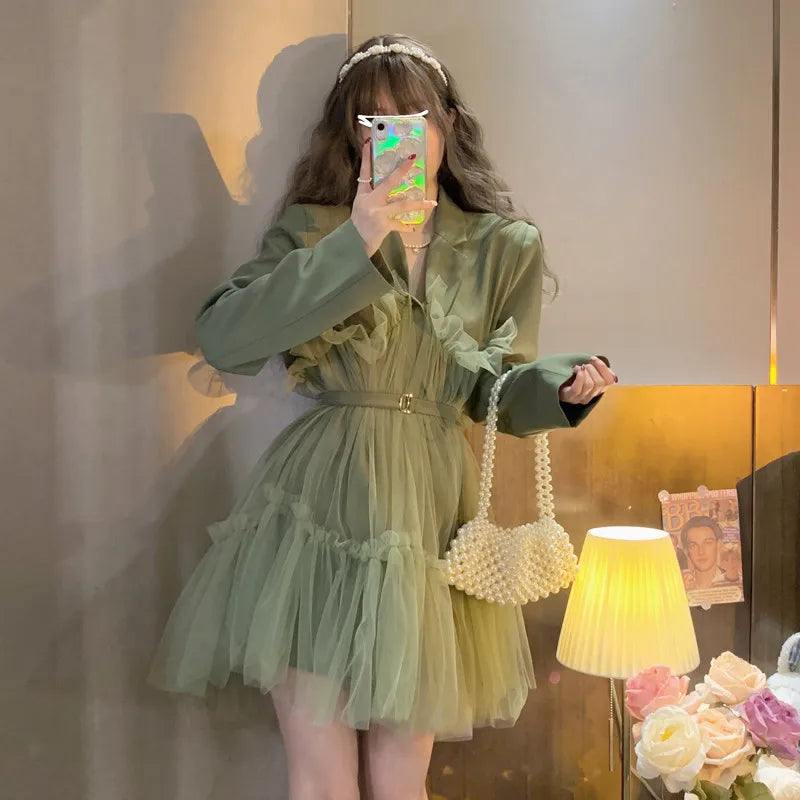 Hnewly  Princess Dress Long Sleeve Blazer Tulle  Mini Skirt Fashion Girls Elegant Casual Dresses Sweet Fairy Clothing