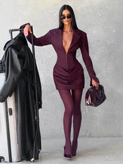 Hnewly  Cutenew Single-Breasted Hidden Buttons Dress Women Sexy Elegant v-Neck Full Sleeve  Office Folds Fashion Commute Mini Bodycon