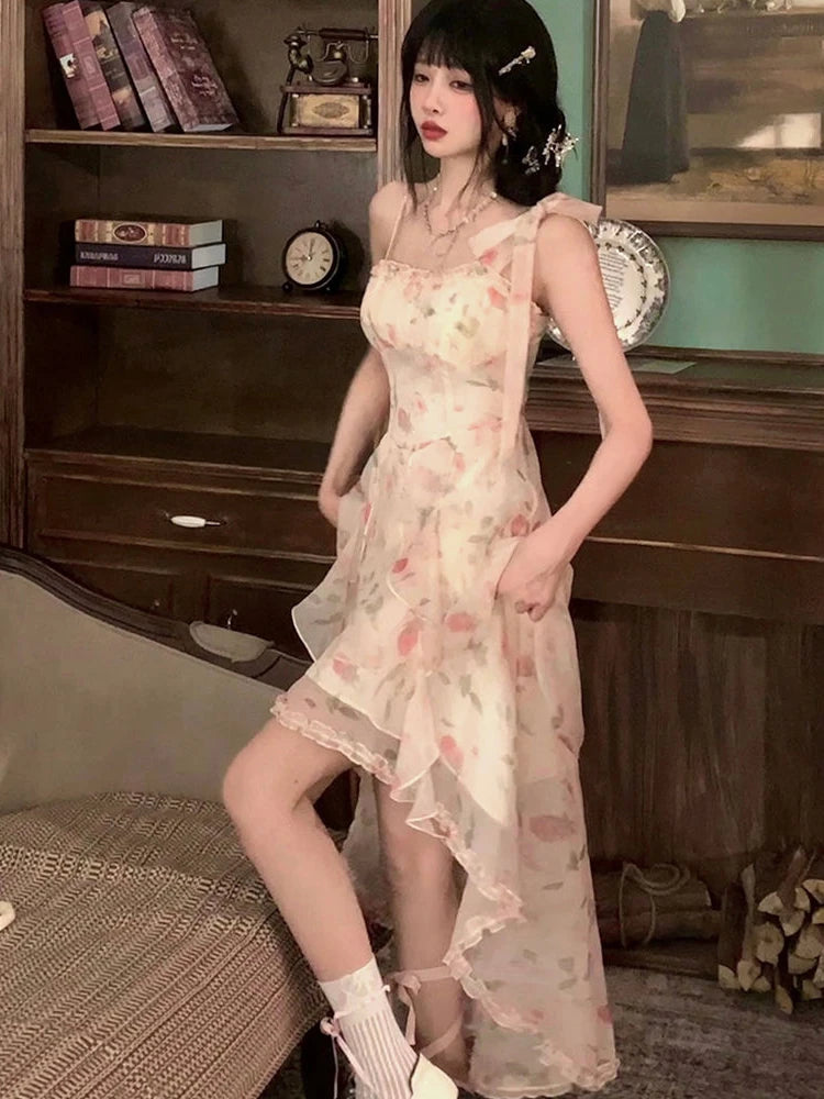 Hnewly French Elegant Fairy Print Dress Women Casual Even Party Irregular Sleeveless Midi Dress Female Vintage Y2k Floral Summer