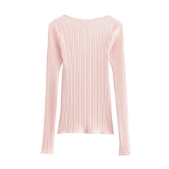 Hnewly  Fall Clothes Long Sleeve Top Knit Korean Fashion Sweaters Sexy Vintage Clothes Cropped Pullovers Ribbed Bow Tie Tops Pink