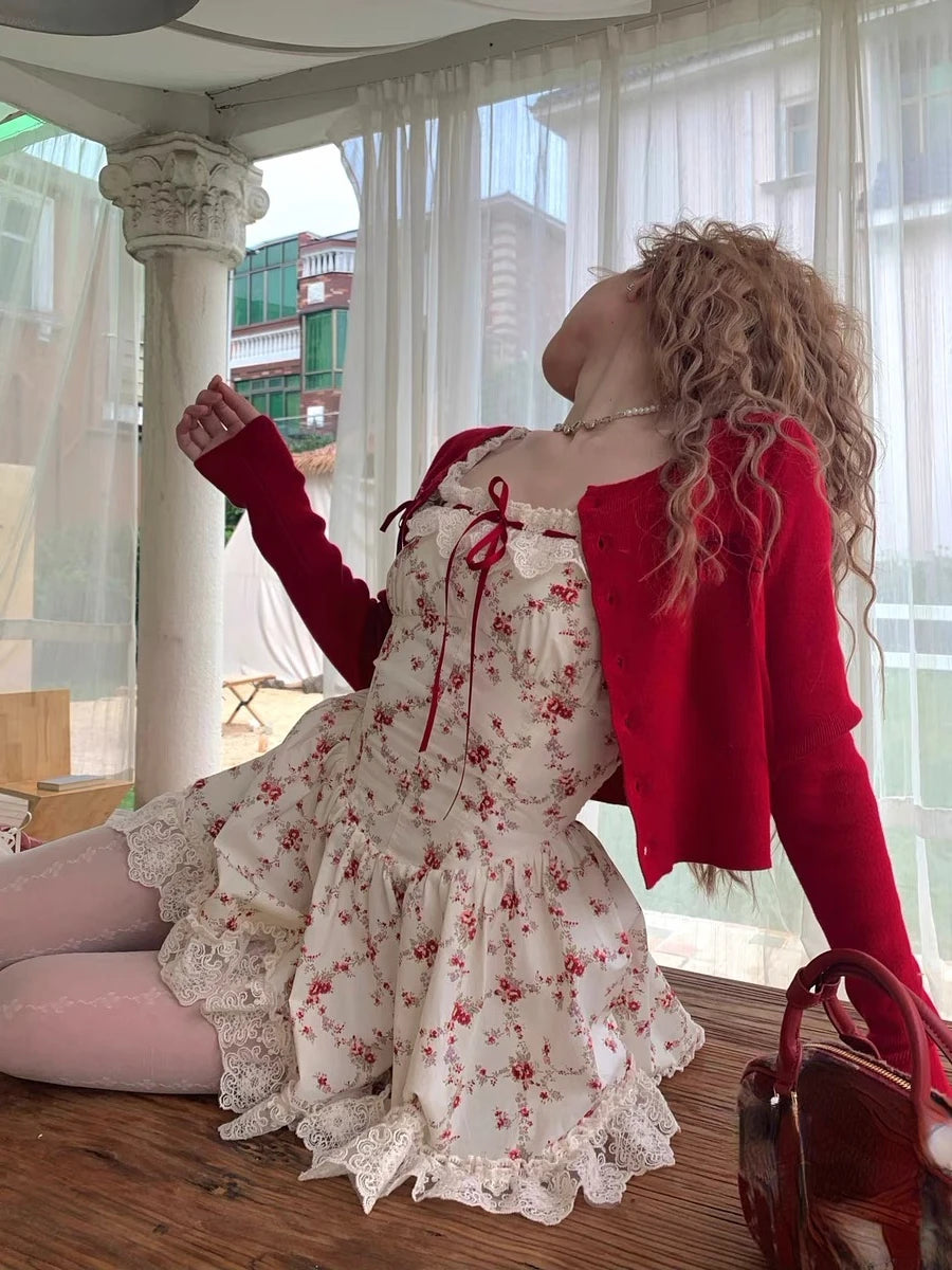 Hnewly DRESS TO IMPRESS 2024 New Sweet Floral Dress Set Woman Casual Red Short Cardigan Elegant Lace Y2k Mini Dress Beach Korean Fashion Clothing Suit